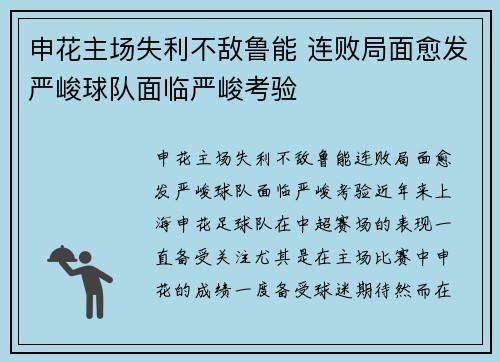 申花主场失利不敌鲁能 连败局面愈发严峻球队面临严峻考验